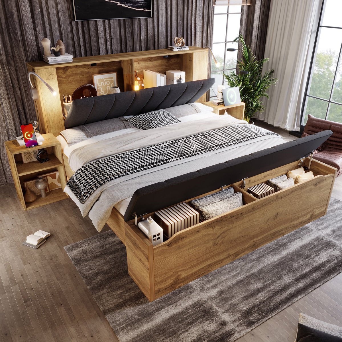 MODFU Tweepersoonsbed met Leeslampen 180x200 cm – USB & nachtkastjes – Opbergbank met gasv