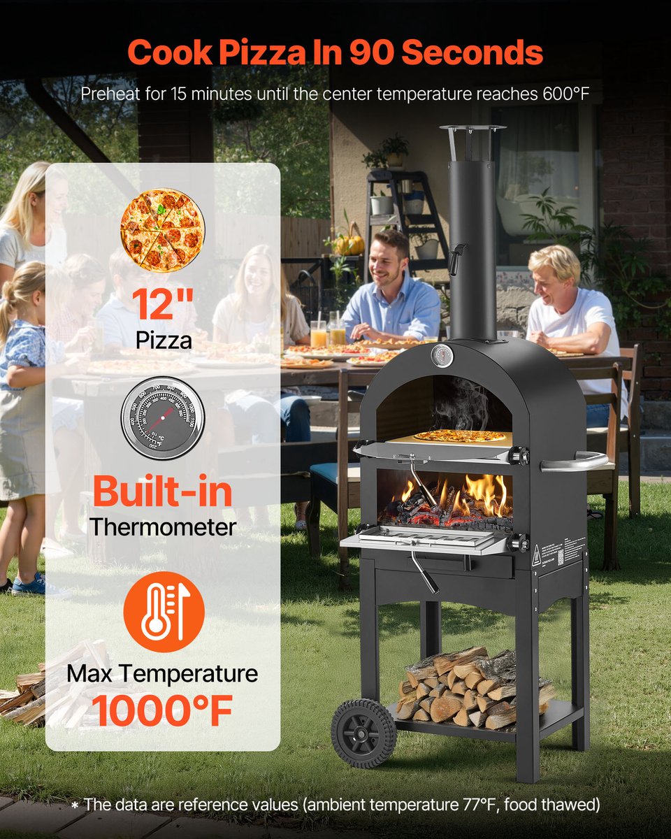 VEVOR Pizzaoven 12 Inch Pelletoven, 2-Laags Houtgestookte Pizzaoven, Houtgestookte Buitenoven met 2 Afneembare Wielen, Pizzamaker met Een Maximale Temperatuur van 540 °C voor Grillen – foto 6