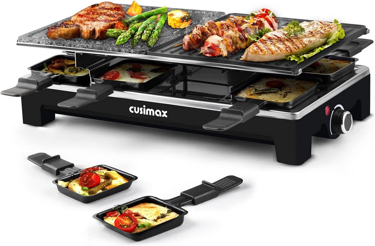 Elektrische Raclette Grill voor Binnen met 2-in-1 Antiaanbakplaat en Natuursteen