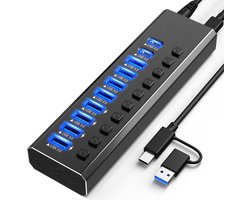 Deze USB 3.2-hub met eigen voeding beschikt over 10 USB 3.2/USB-C-poorten (1 x 10 Gbps USB-A 3.2-poort + 2 x USB-C 3.2-poorten + 7 x USB 3.0-poorten) - elk met een onafhankelijke aan/uit-schakelaar