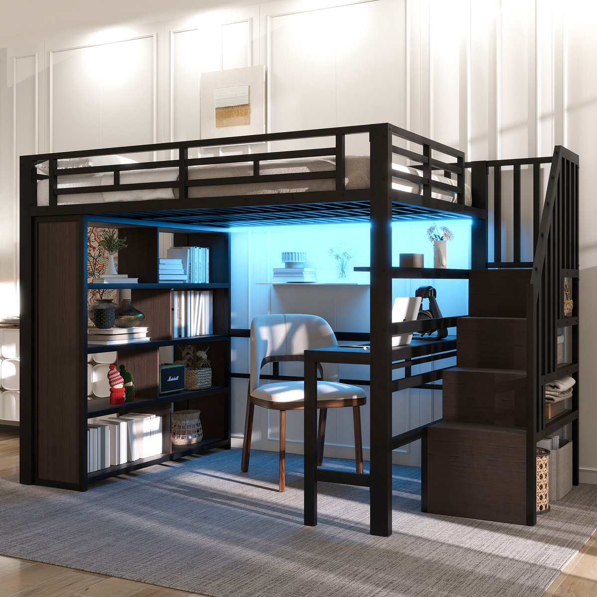 MODFU Luxe Hoogslaper met Bureau & Opbergtrap – 140x200 cm – Twijfelaar Videbed – App LED – Industrieel Zwart – Max. 250 kg – Complete Woon-werkoplossing voor Student of Tiener