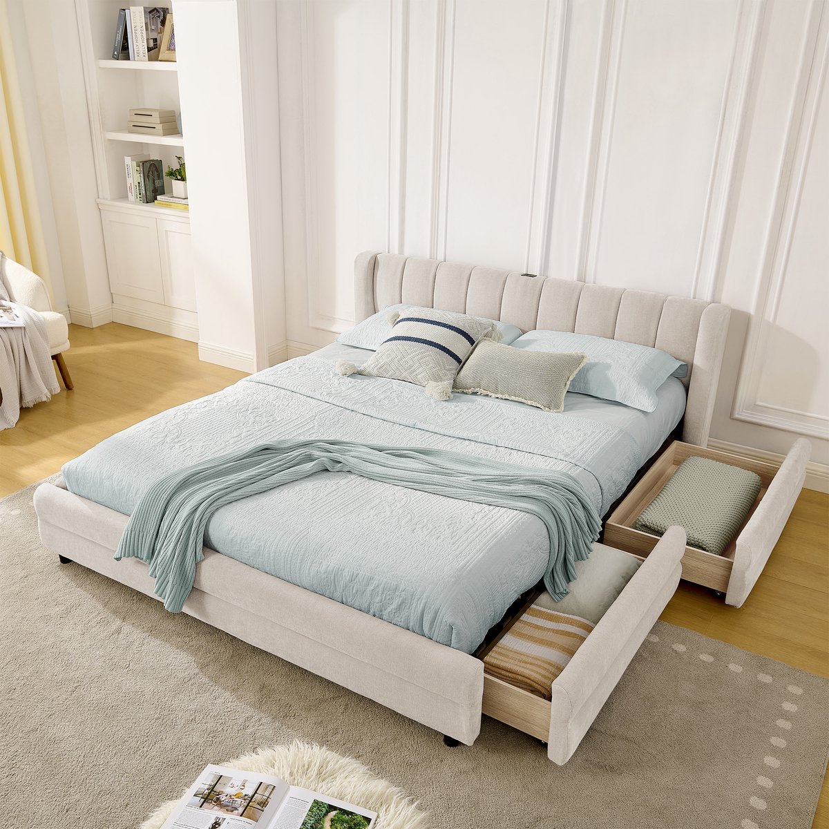 MODFU Bedframe 140x200 cm, chenille stof, beige, met opbergladen en USB/Type-C poorten