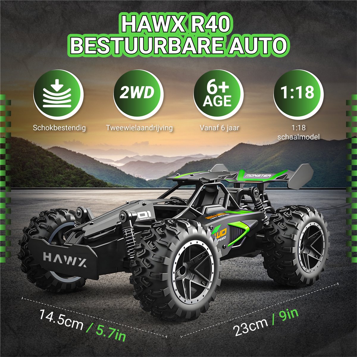 HAWX Bestuurbare Auto - RC Auto - Race Auto - Monstertruck - Afstandsbestuurbare Auto - Volwassenen en Jongens - Voor Buiten - Incl. 3 Batterijen, 8 Verkeerskegels — afbeelding 6