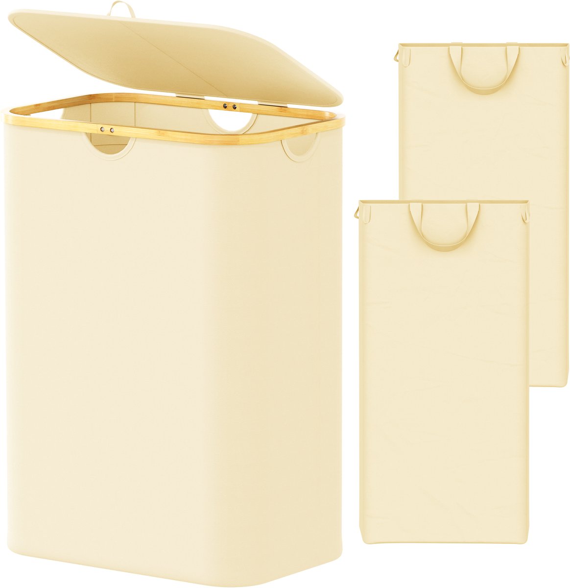 SpaceAid Dubbele Wasmand - 2 Vakken - Met Deksel & Afneembare Tassen - 160L - Bamboe Handvatten - Opvouwbaar - Beige