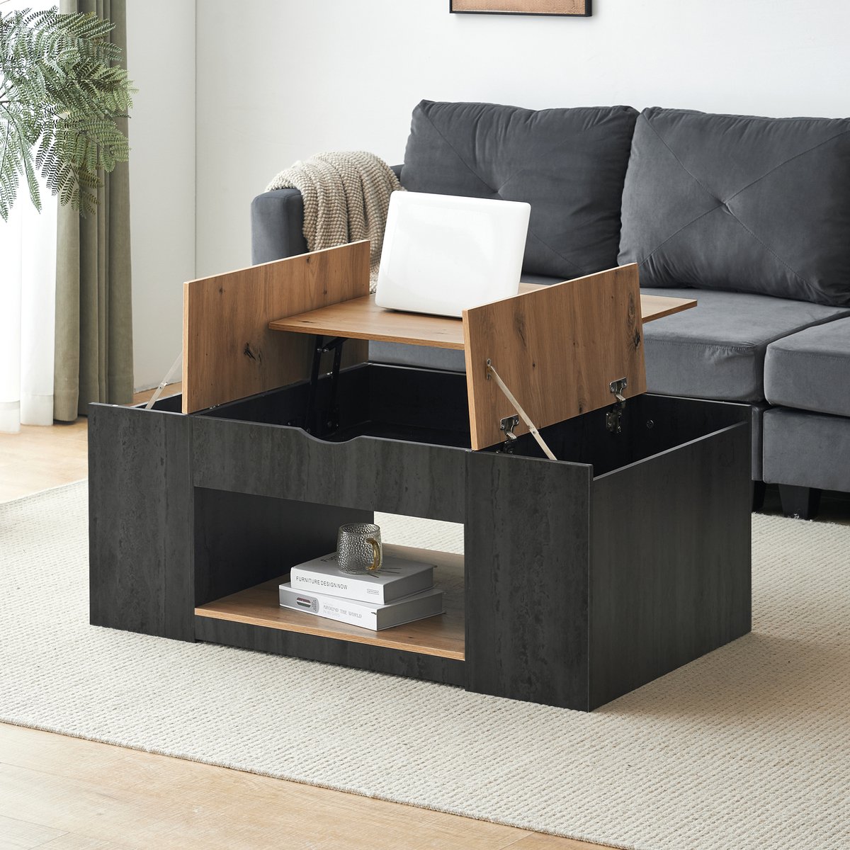 HAUSS SPOLE Salontafel - In Hoogte Verstelbaar Met Opbergruimte - Voor Woonkamer - MDF Grijs En Houtlook Bruin - 109,5x59,7x43 Cm Notenhout