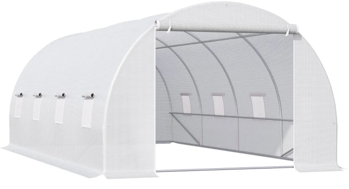Polytunnelkas - Kas met Roldeuren en Ramen - Tunnelkas - Foliekas - Kweektunnel - Kweekkas - Kastunnel - Groentekas - Plantenhuis - Plantenteelt - Tomatenkas - voor Groenten, Bloemen, Planten - 595x300x200 cm - Wit