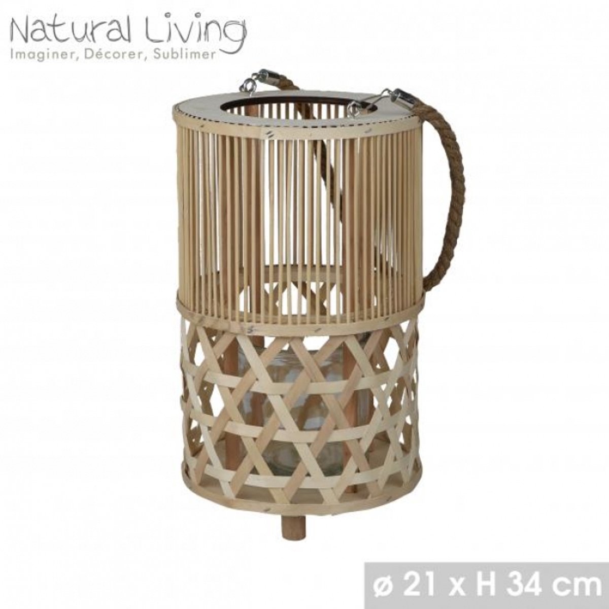 "NATURAL LIVING" Lantaarn Suzi in bamboe met glazen windlicht Ø21 cm x H34 cm