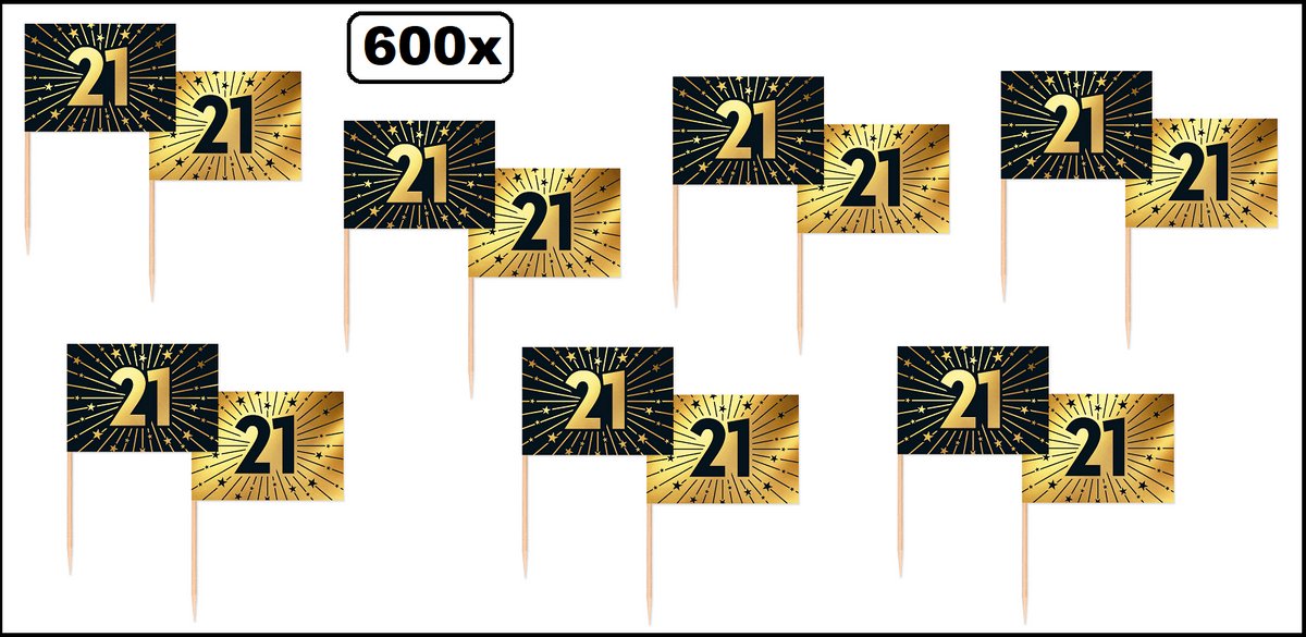 600x Cocktailprikkers 21 jaar goud/zwart - Vlag prikker Jubileum verjaardag thema feest bruiloft cocktail prikker