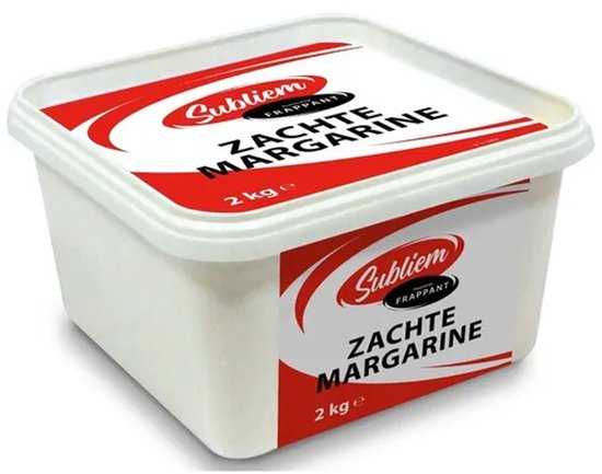 Cuve blanche avec étiquette rouge et blanche Subliem Frappant Zachte Margarine 2 kg.