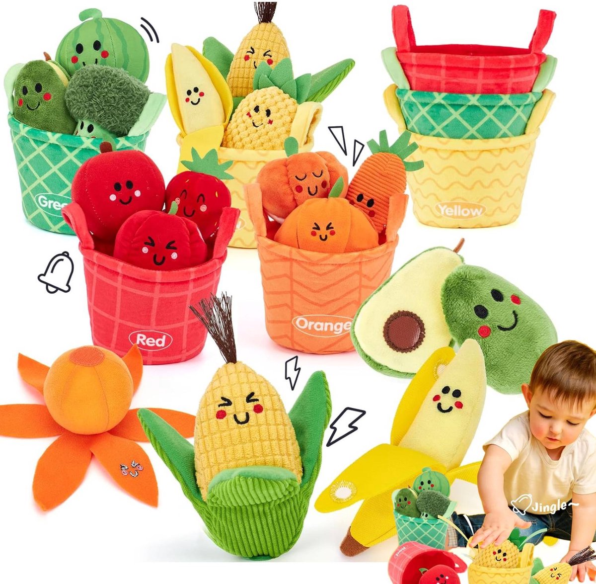 Montessori Speelgoed - Paasmandje met Pluche Speeltjes - 16 Pluche Groente- en Fruitfiguurtjes - met Rammelaar en Knisperfolie, Diverse Kleuren - Babyspeelgoed - Paascadeau voor Baby's