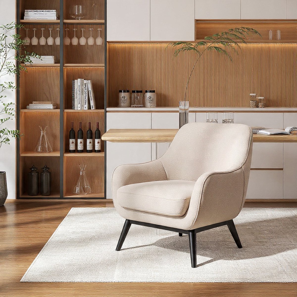 Serena Luxe 360° Draaibare Eetkamerstoelen met Armleuning – 6 Stuks – Beige Linnen – Modern Design met Zwart Metalen Onderstel- Casa Serena