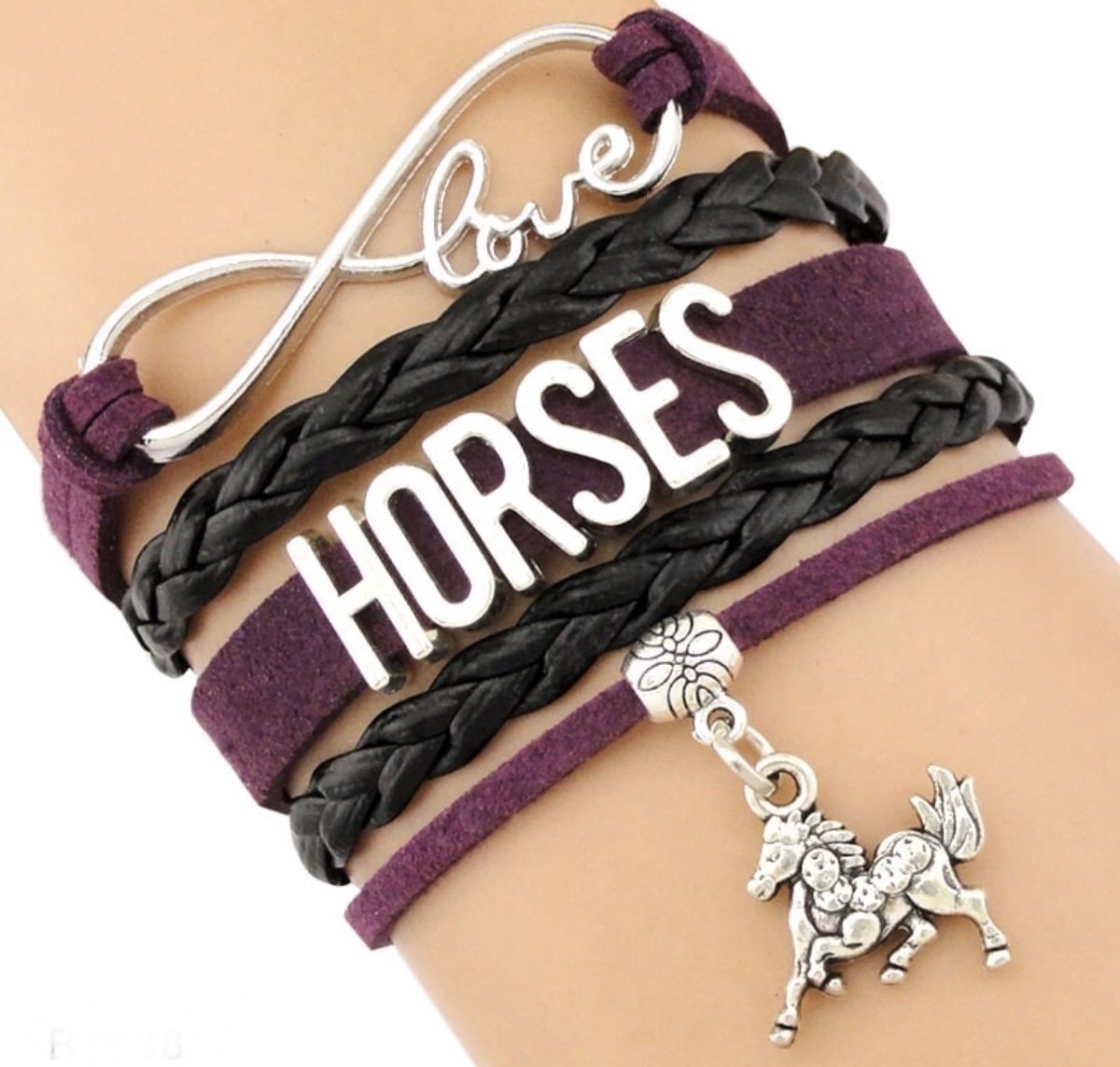 12Getit Armbandje zwart met paars met paarden (Horses) bedel