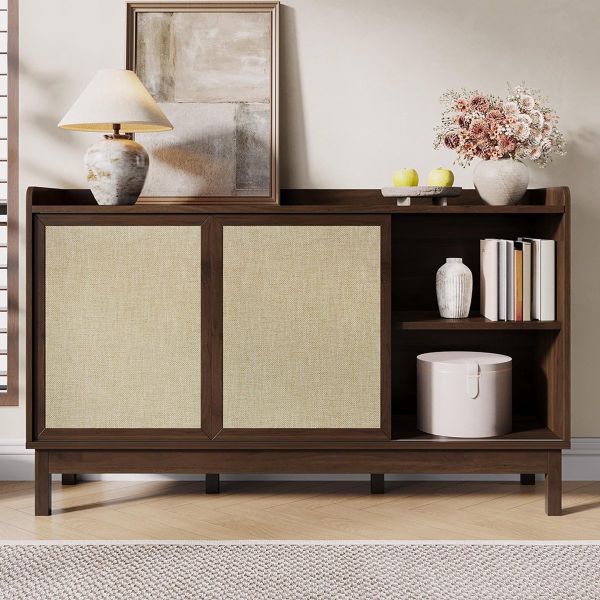 KOMHTOM BLACKCOLORS Buffetkast, schuifdeuren, dubbele lade, geschikt voor de woonkamer en eetkamer, multifunctioneel opbergmeubel. Naturel