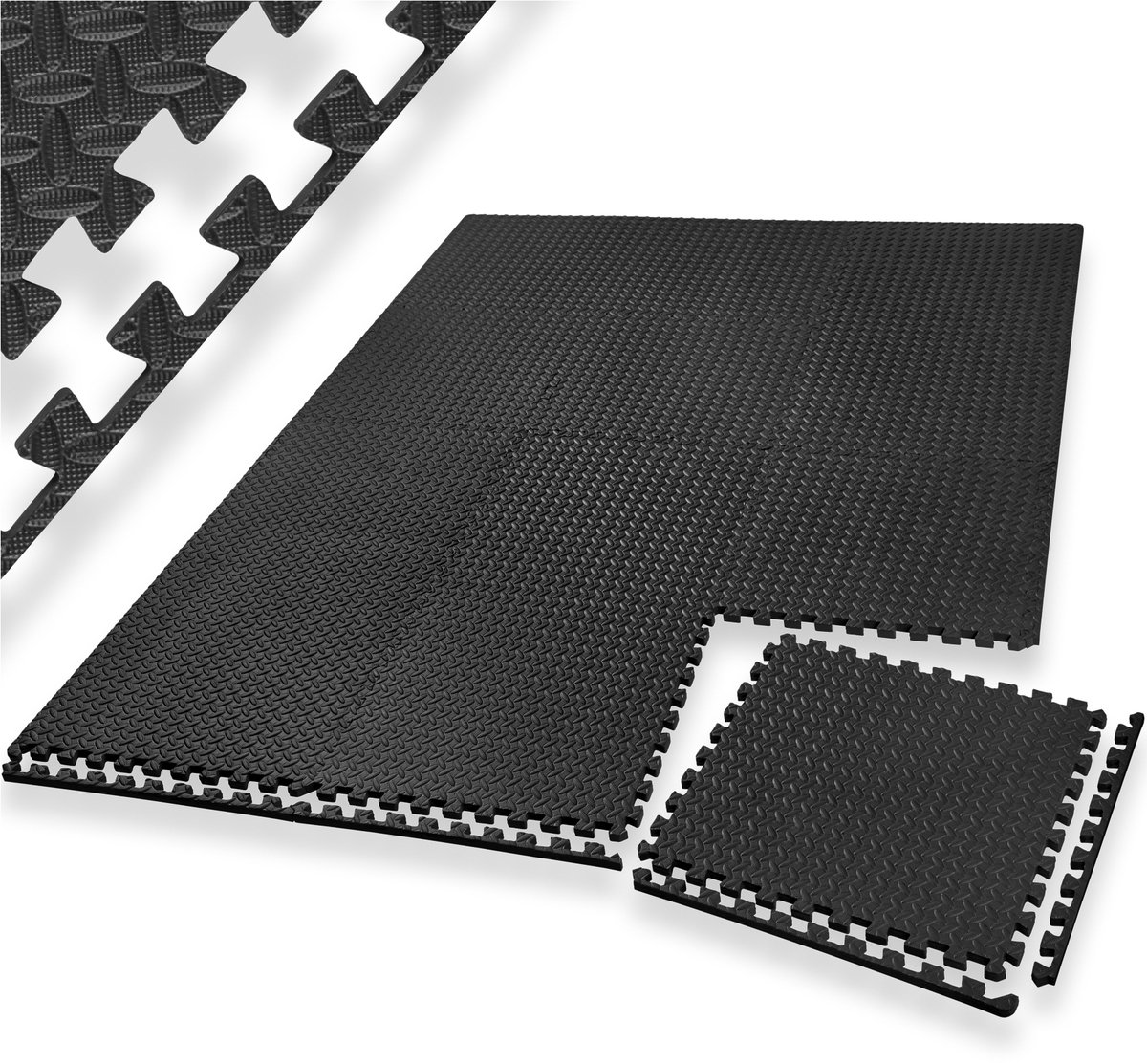 tectake ® Vloerbeschermingsmat - Beschermmatten voor Fitness - Fitnessapparatuur en Valbeveiliging Binnenshuis - Garagevloer Afdekking - Set van 12 Dikke Puzzelmatten 61 cm x 61 cm - Zwart