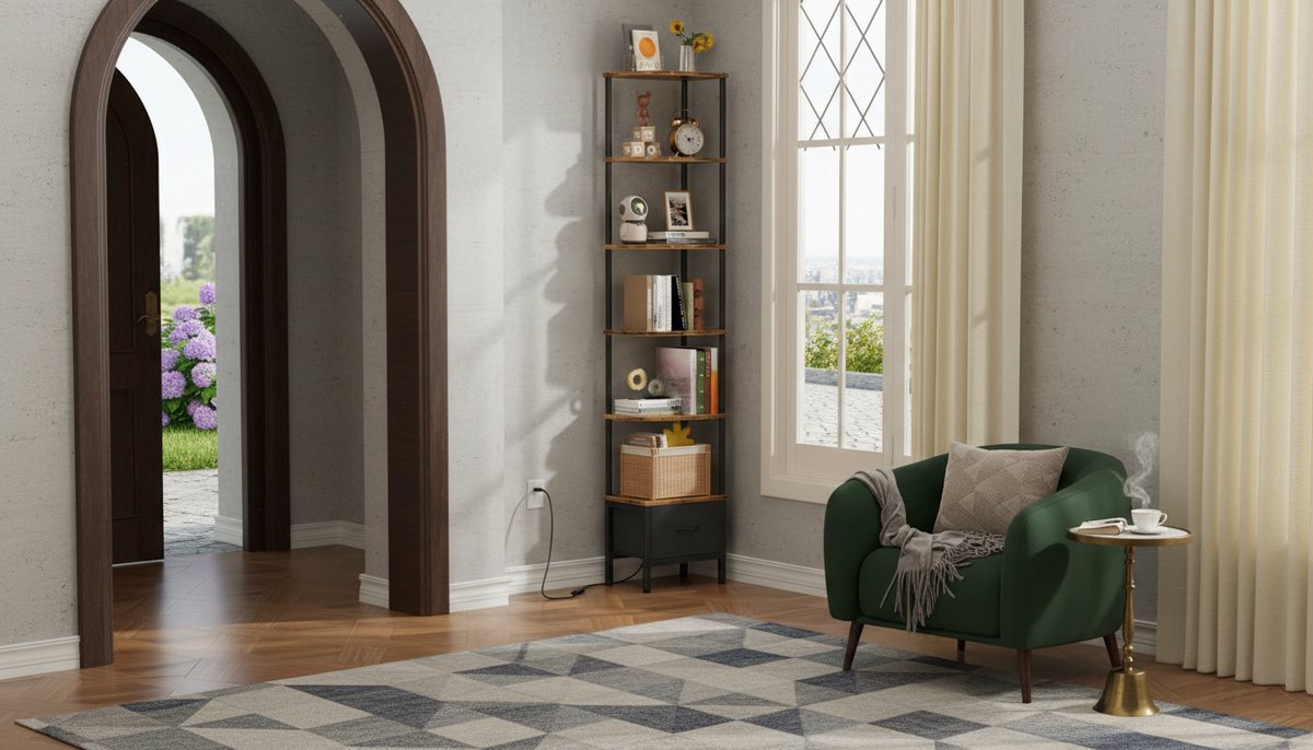 Hoekboekenkast met Lade en LED Verlichting – Casa Velluto Retro Lumina Corner XL 191 cm – Smalle Hoekplank 6 Niveaus – Moderne Boekenkast Retro Bruin Metaal & Hout – Voor Woonkamer, Slaapkamer en Kantoor