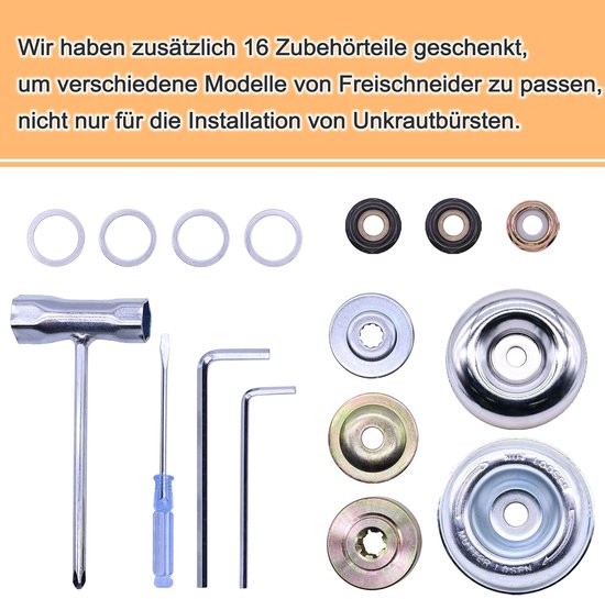 Onkruidborstel, Boring van 25,4 mm (8" en 6") - professionele onkruidborstel voor bosmaaier inclusief 16 gereedschappen en adapters — afbeelding 2
