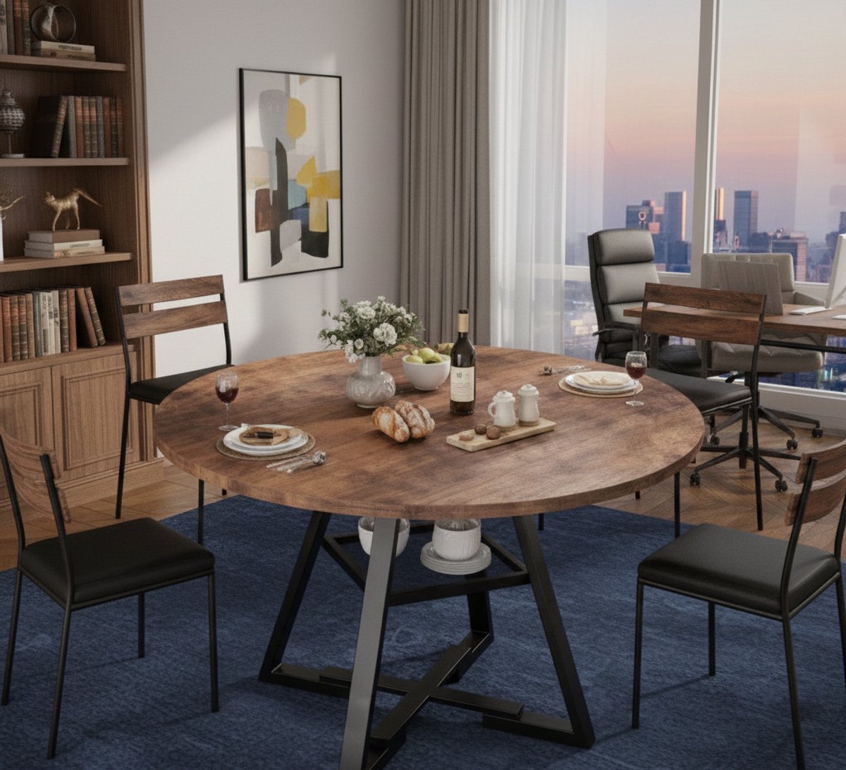 Serena Ronde eettafel 107 cm - Industrieel design - Vintage Bruin - Met Opbergplank - Ruimtesparende Keukentafel en Eetkamertafel voor 2 tot 4 personen - 107 x 107 x 76 cm - Casa Serena – Casa Dorada