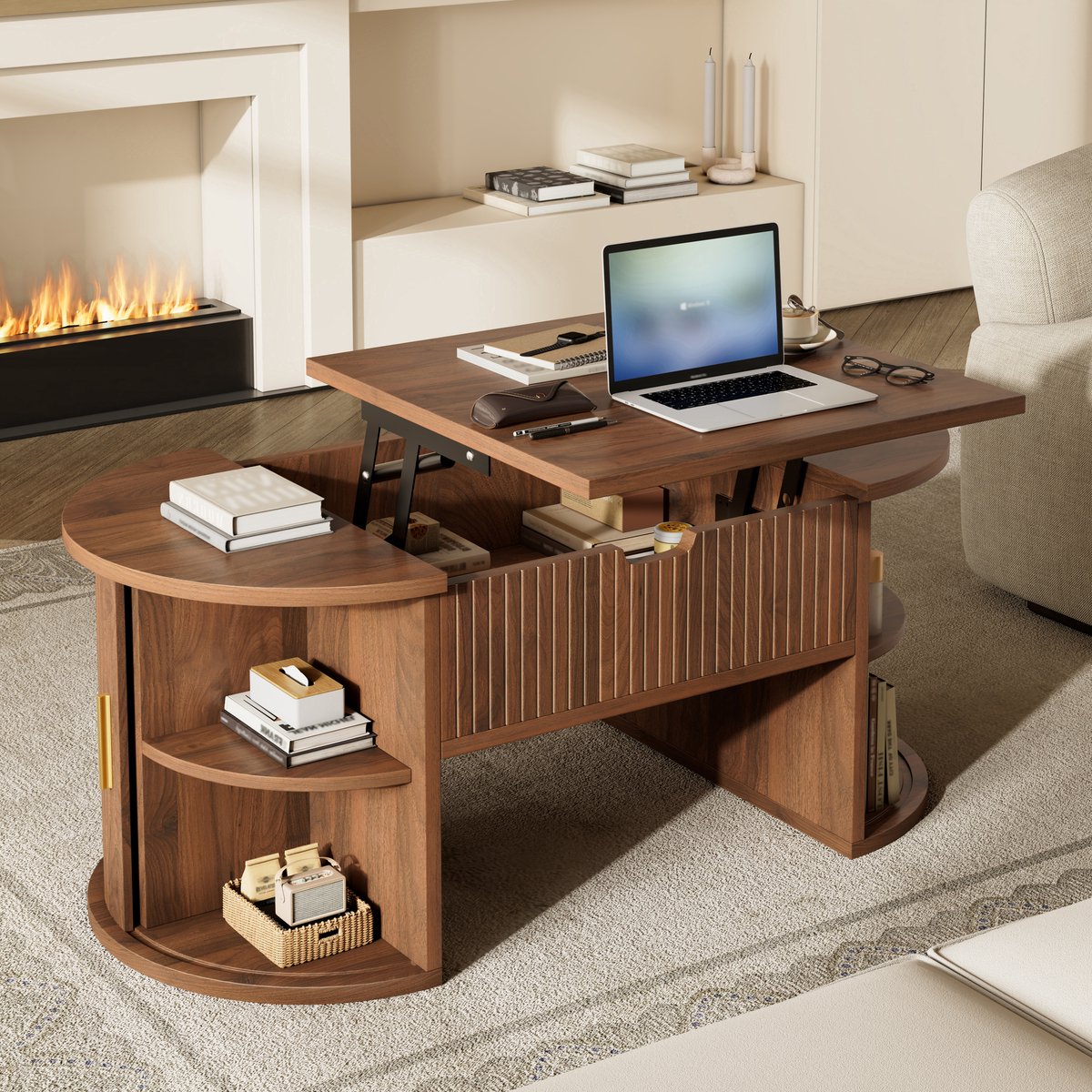 STILVORA Salontafel - In Hoogte Verstelbaar Met Schuifdeuren En Open Vakken - Voor Woonkamer En Thuiskantoor - MDF - Walnoot - 100x50x40,5 Cm Notenhout