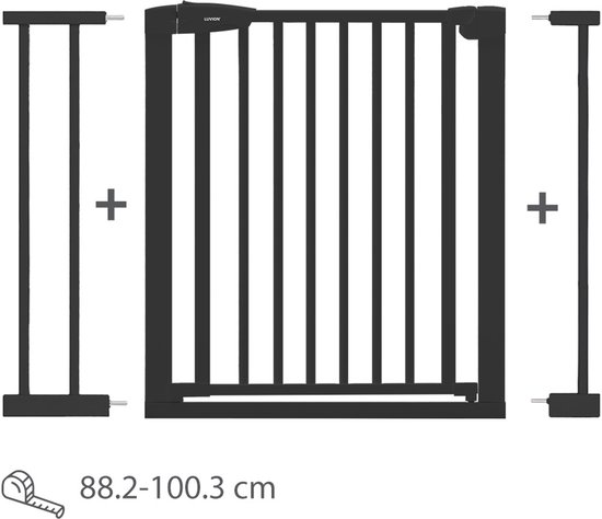 Zwart traphekje van Luvion, 88-100 cm breed, met verticale spijlen. Inclusief verlengstukken.