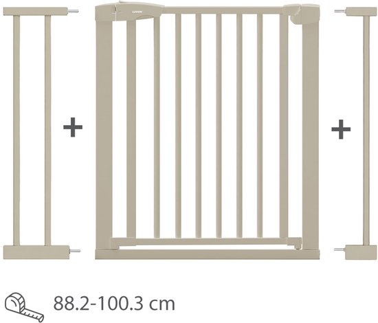 Beige veiligheidshekje bestaande uit een middenpaneel en twee extensies, geschikt voor openingen van 88-100,3 cm.