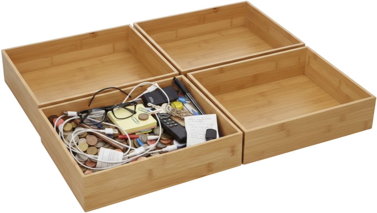 Gerimport Lade organizer - 4x - bamboe hout - 32 x 24 x 7 cm - bakje - kast sorteerbakje