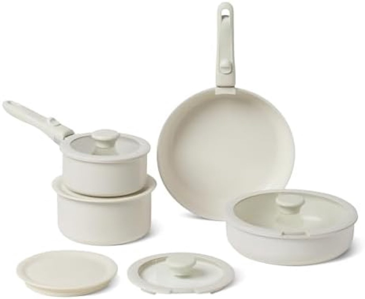 11-delige stapelbare pannenset - Met afneembare handgrepen - Anti aanbaklaag - Beige