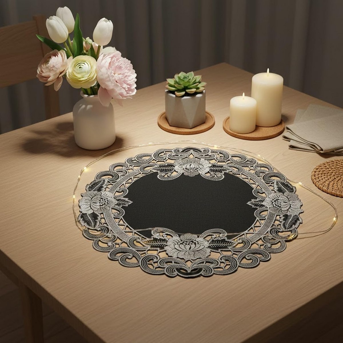 Rond Tafelkleed Grijs met Bloemen Borduurwerk (ca. 60 cm) - Linnenlook