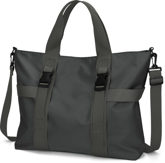 Grijze shopper tas met donkergrijze banden, gespen en verstelbare schouderband.