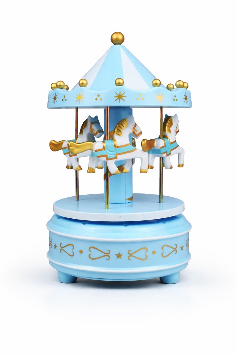 BOECK - Blauwe Carousel Muziekdoos – Decoratieve Draaiende Carrousel met Melodie | Tafeldecoratie & Babyshower Decor - Draaimolen muziek - Muziekdoos - Taartdecoratie