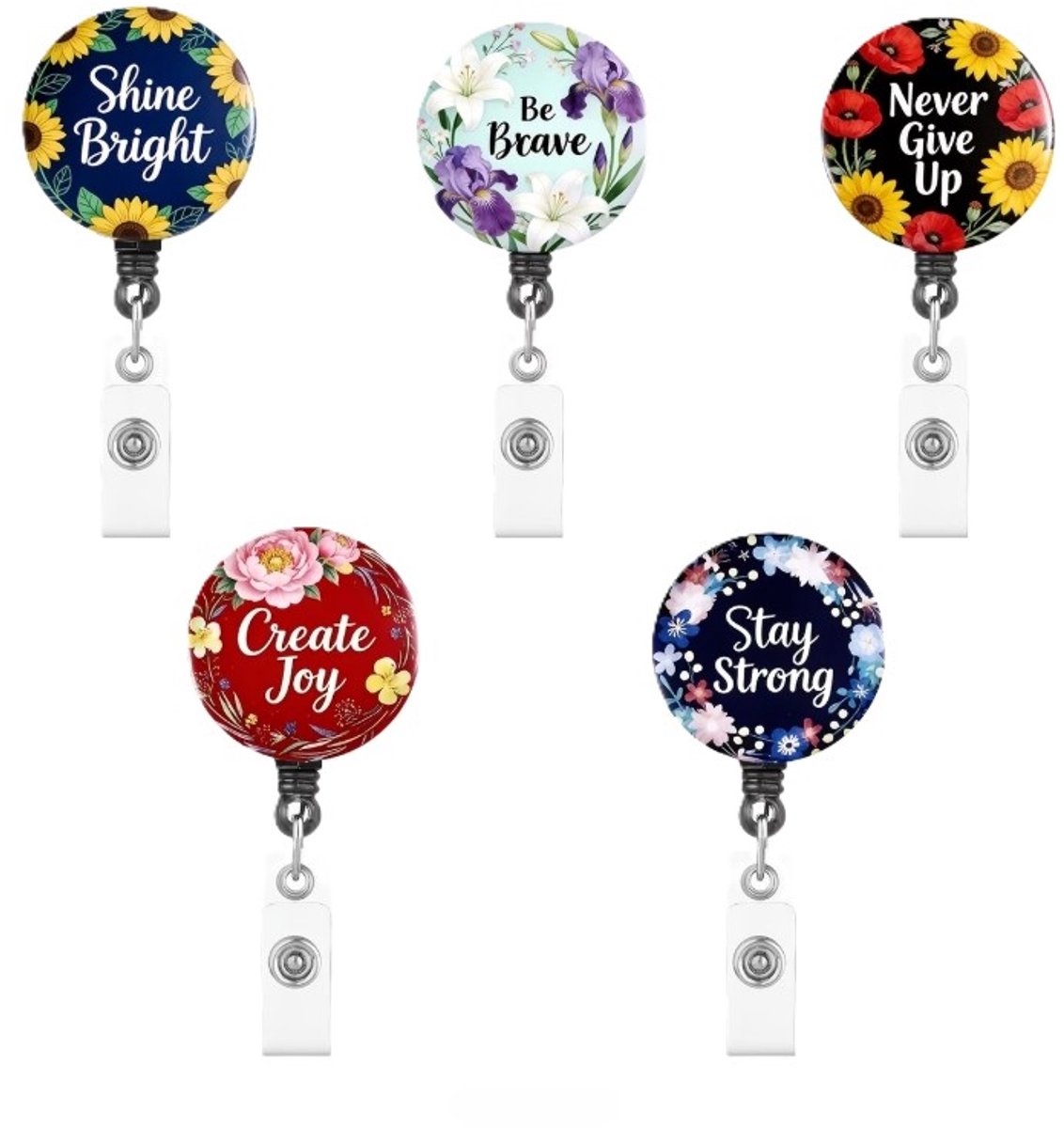 Mj Joys® - Badgehouder met trekkoord - 5-delige Set - Uitschuifbare Badgehouders met Clip - Badgehouder met afrolmechanisme - Badge houder - Badgehouder met koord - Badgehouder - Badgehouder met trekkoord - Motiverende Teksten