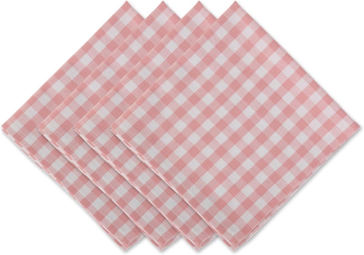 Set van 4 Katoenen Servetten Roze Wit Geruit Vaatwasmachinebestendig