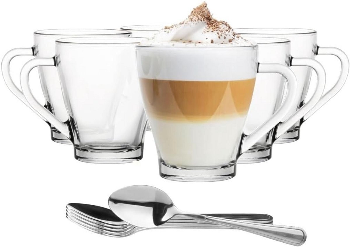 Set van 6 Glazen Koffiekopjes met Handvat en Lepel 200ml