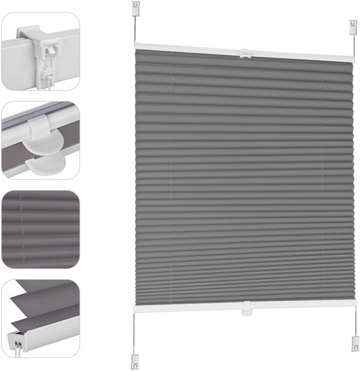 Verduisterend Plisségordijn zonder Boren - Klembevestiging Jaloezie - 60x100 cm - Donkergr