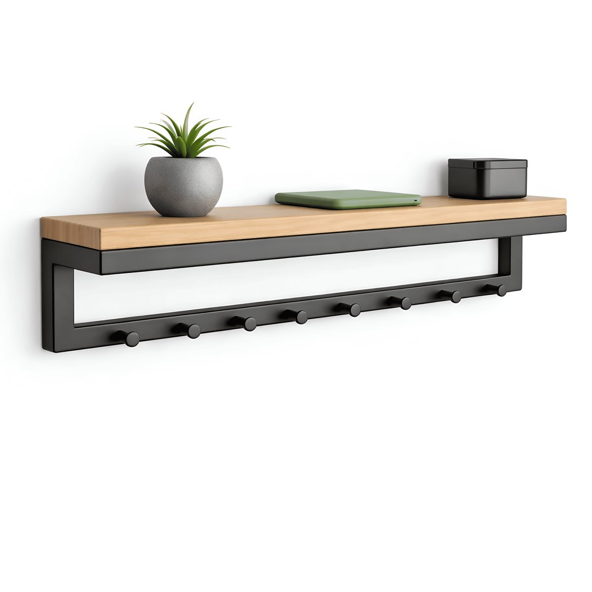 TOJ 8 Haaks Wandkapstok – 60cm - Muur / Wand Kapstok - Hangende Design Muurkapstok - Incl. Houten Plank - RVS - Mat Zwart Mat Zwart - Natuurlijk Hout