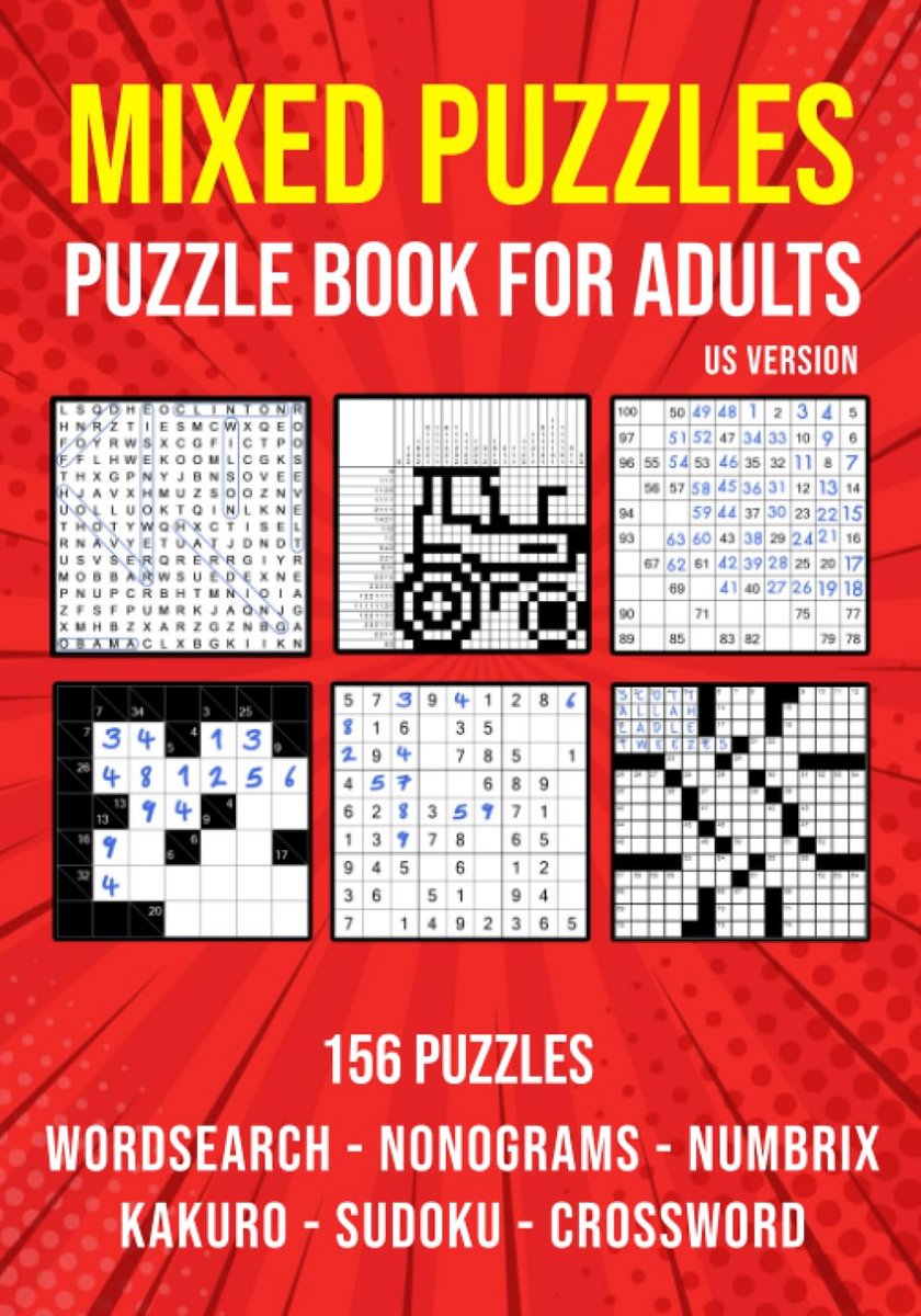 Gevarieerd Puzzelboek voor Volwassenen: Sudoku, Nonogram, Woordzoeker, Kruiswoord, Kakuro & Numbrix