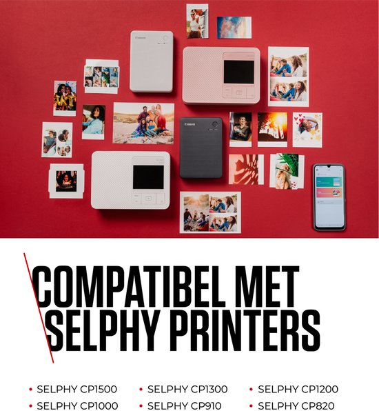 Diverses imprimantes Canon SELPHY et photos imprimées, y compris un smartphone, sur fond rouge.