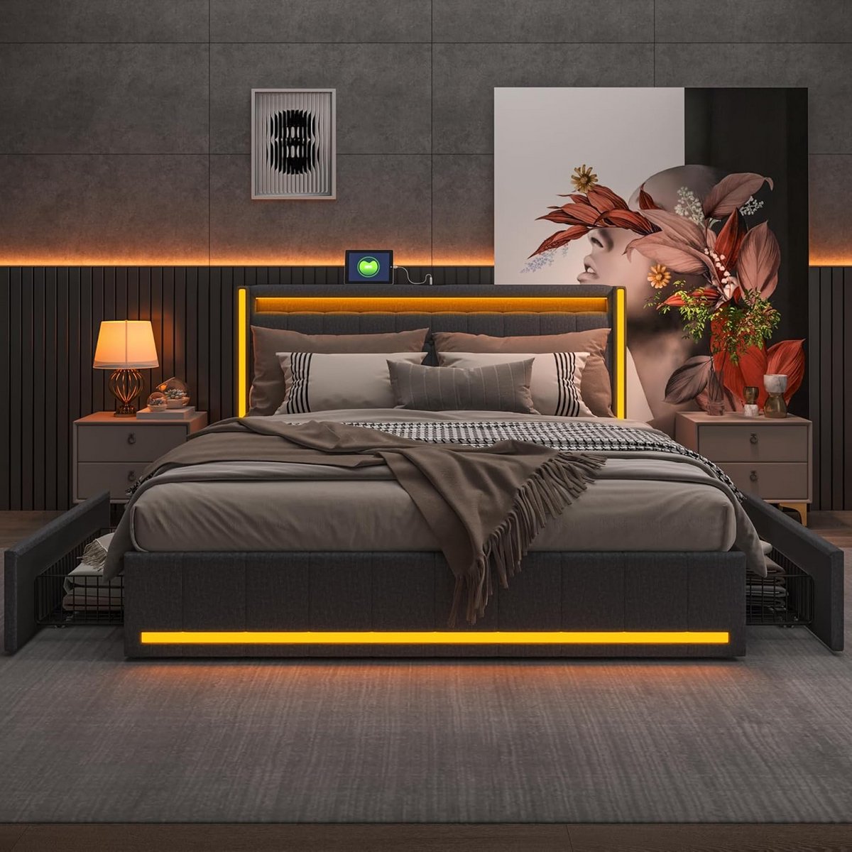 Luxe Tweepersoonsbed 160 x 200 cm met Hoofdbord, LED Verlichting en Opbergruimte