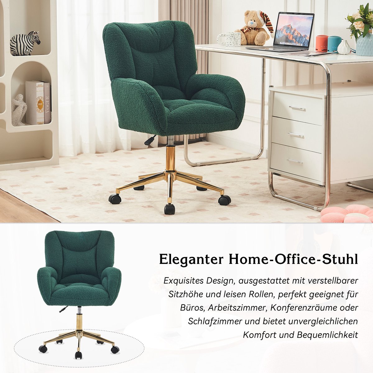 HAUSS SPOLE Stoel – Teddy Draaistoel – Verstelbare Bureaustoel – 360° Wielen & Hoogte – Ergonomisch Schuim – Voor Thuiswerk En Kantoor – Groen Met Gouden Basis – foto 4