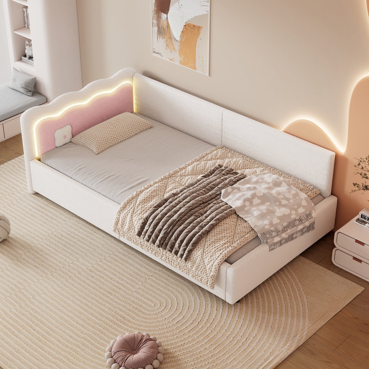 HAUSS SPOLE Gestoffeerd Bed 90x200 cm - Slaapbank met LED Omgevingslicht en Afstandsbediening - Met Lattenbodem - Zonder matras - Vliesimitatie - Wit