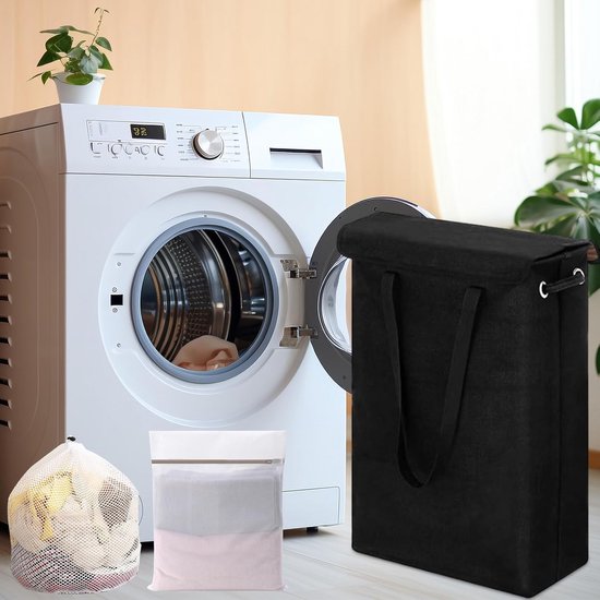 Smalle Opvouwbare Wasmand Zwart met Deksel en Handvat - 45 Liter — afbeelding 3