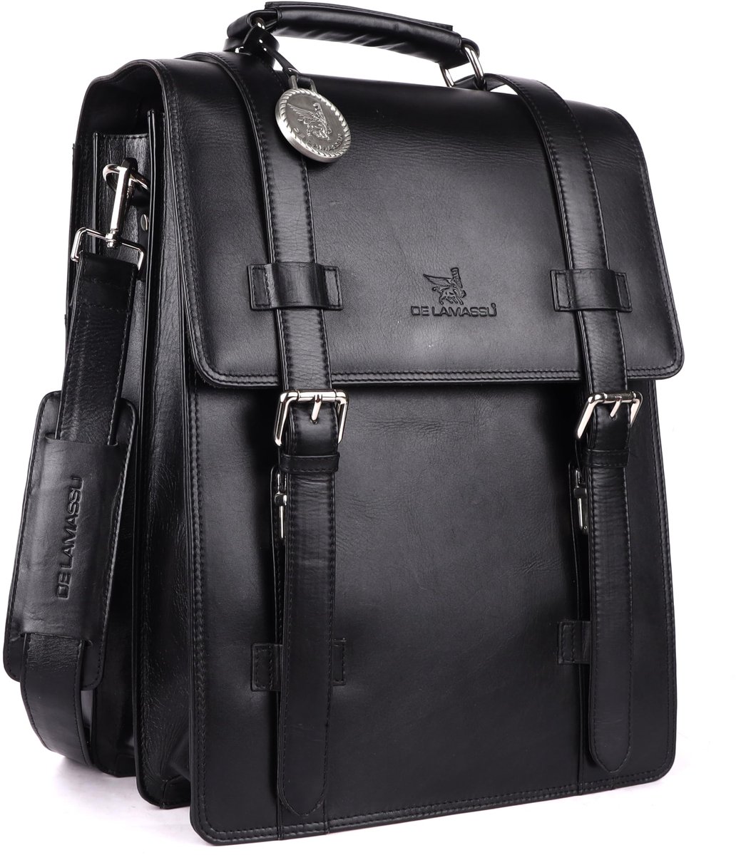 DE LAMASSU® (Adrian) leren laptoptas – 2-in-1 rugzak & schoudertas Zwart.