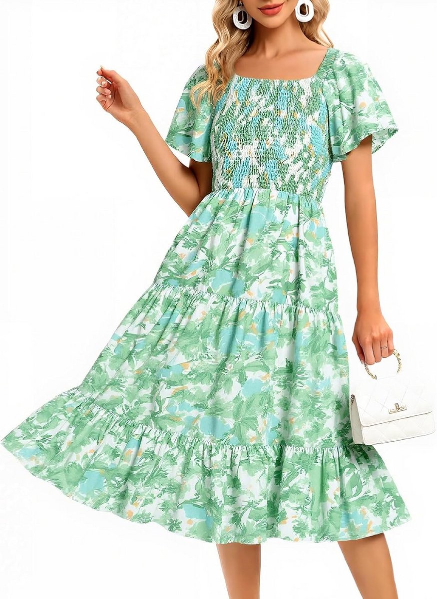 Dames Zomerjurk Bloemenprint Boho Midi Vierkante Hals