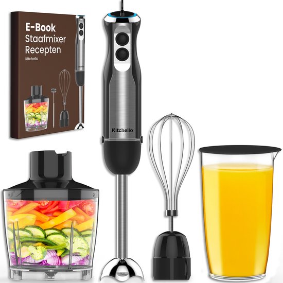 Kitchello - Staafmixer - 5-in-1 - Staafmixer Set - Met Hakmolen, Garde, Maatbeker - 1000 Watt - Met Accessoires - Soepmaker - Handmixer - Blender - 21 Snelheden - Turbo Functie - Zwart - RVS - Incl. Ebook