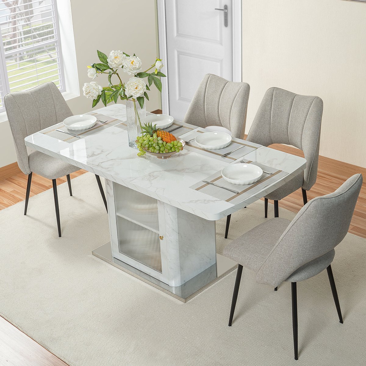 HAUSS SPOLE Eettafel - Uitschuifbare Rechthoekige Tafel met Opbergpoot en Glazen Deuren - Geprint Wit Marmerblad - MDF en Staal - 120-160x80x76 cm - Wit