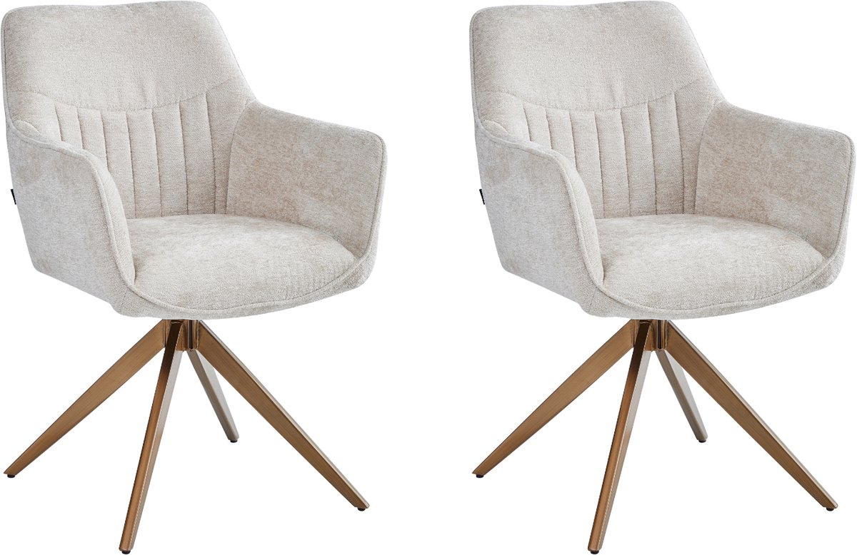 Colenis® - New Yade Eetkamerstoelen - Set van 2 - Beige - Chenille Stof - 180° Draaistoelen - Geborsteld Goud Poten - Gestoffeerde zitting