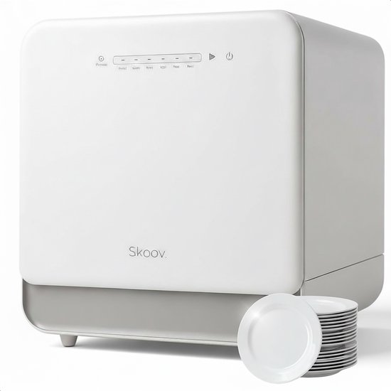 Skoov Mini Vaatwasser met waterreservoir - 3 couverts - 6 wasprogramma's - Extra stil - Kleine smalle vrijstaande afwasmachine - Camping - Wit