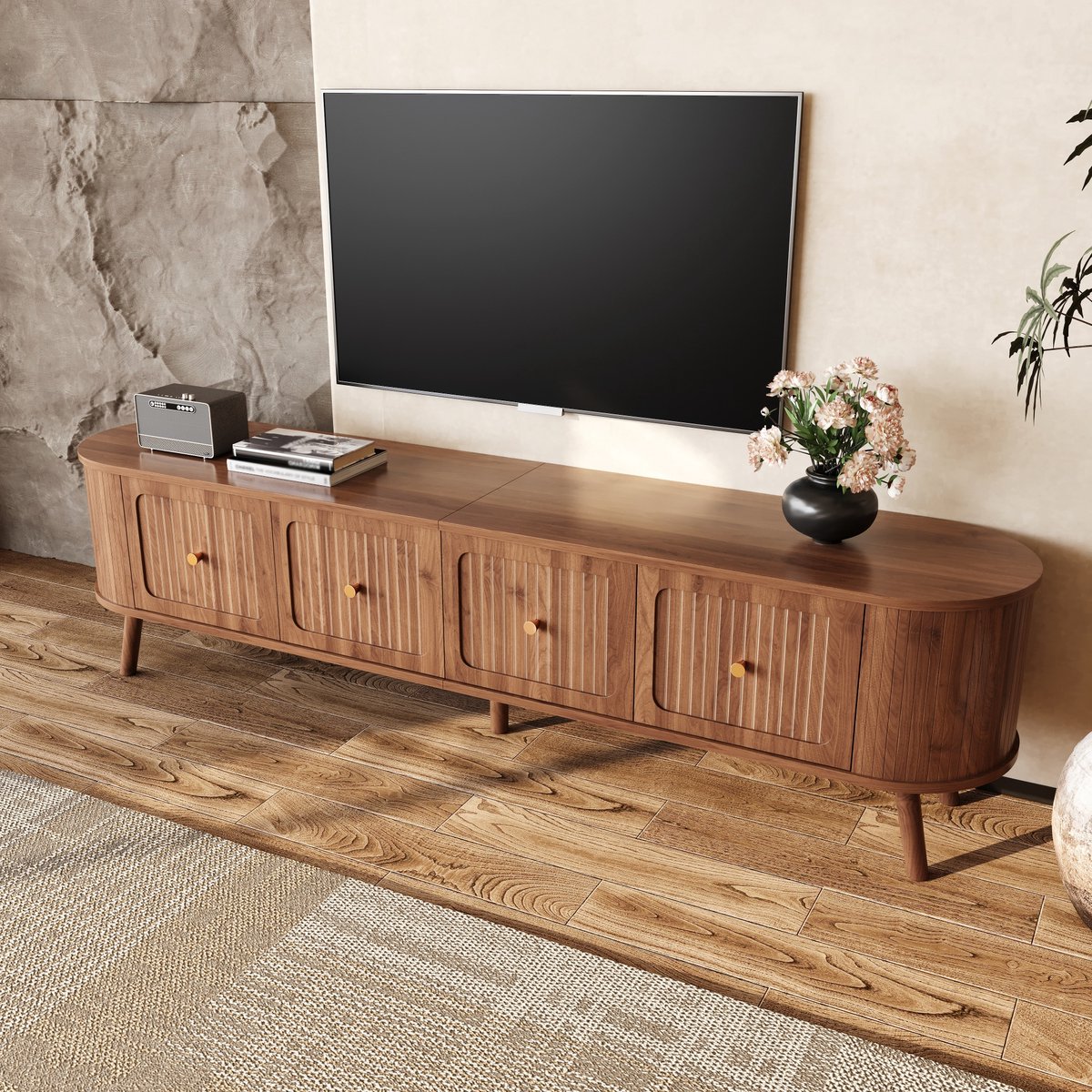 OKWISH Tv Meubel - Vintage Walnootlook - 4 Klepdeuren - Voor Woonkamer Retro Interieur - MDF Bruin - 180×38×47 cm