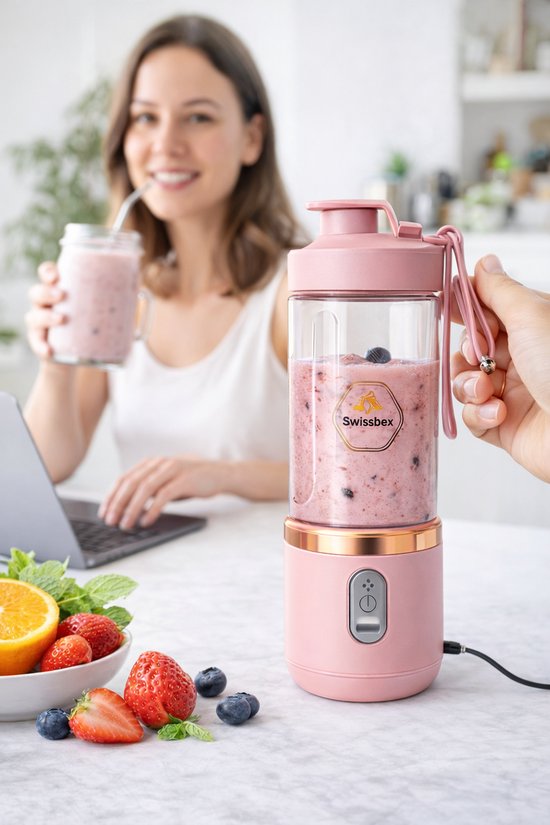 Swissbex Draagbare Mini Blender & Juicer - 400 ml - USB-C Oplaadbaar - Smoothies To Go - Roze van SwissBex — afbeelding 4