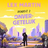 Boekcover met 'LEX MARTIN DEAREST 2 ONVERGETELIJK' op een gele achtergrond met silhouetten van een stel dat kust in een stadspark.