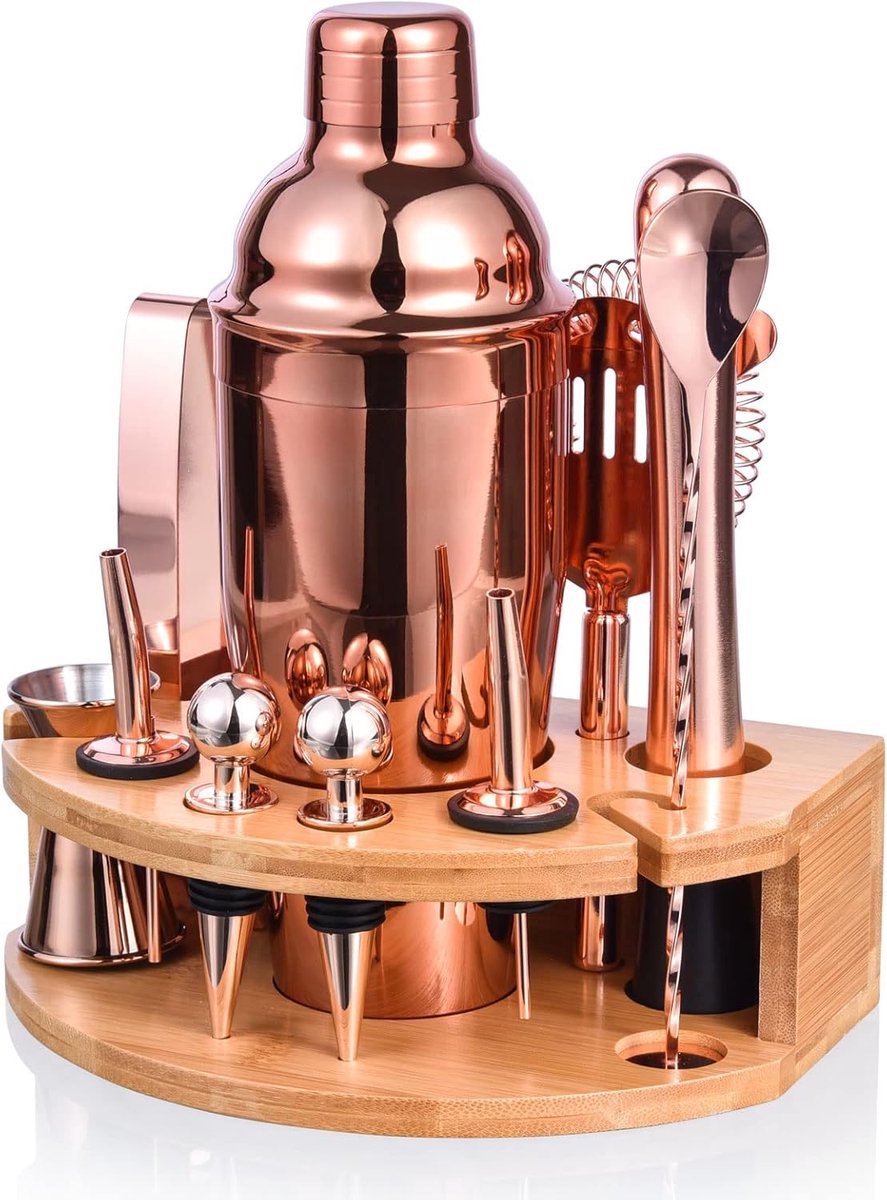 Cocktailshaker Set - Bartoolkit Barbenodigdheden - Cocktails Maken - Compleet Met Standaard - 12 Delig 750 ml - Roségoud